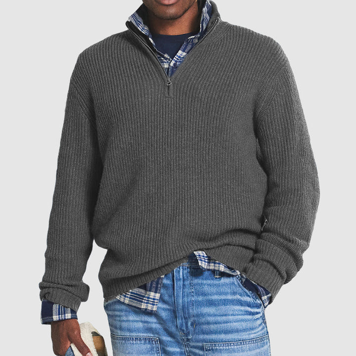 Gerippter Herren Kaschmir-Pullover mit kurzem Reißverschluss Regular Fit