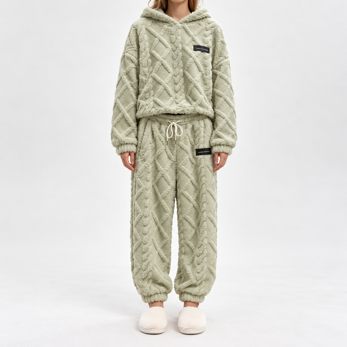 Damen Plüsch-Strukturiertes Hoodie & Hose 2-teiliges Set