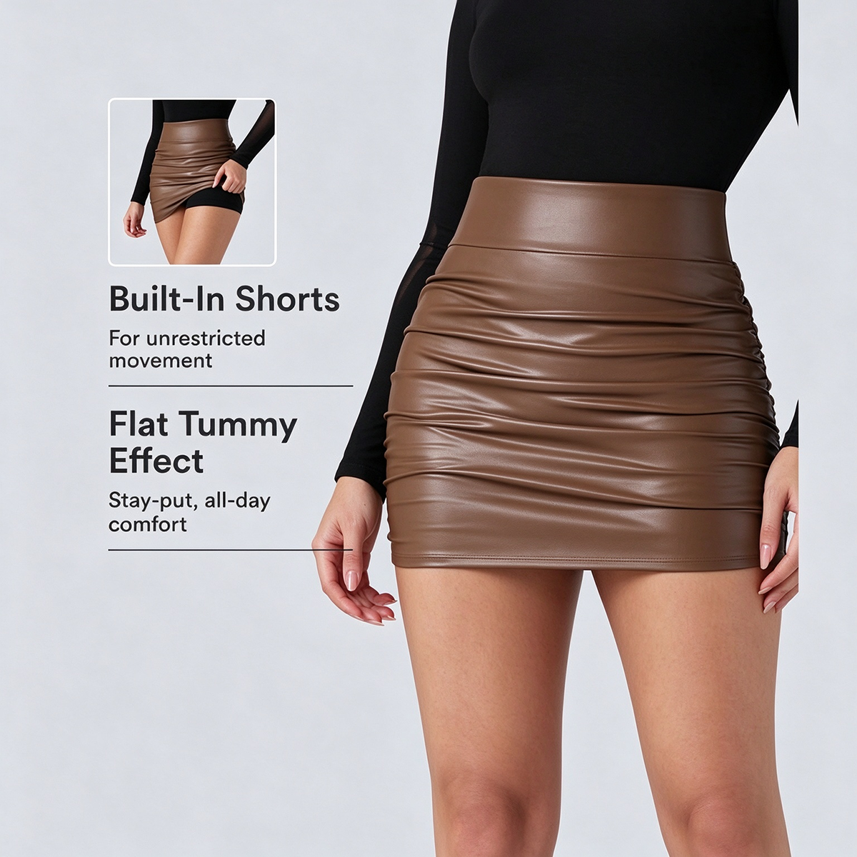 Hochgeschnittener Bauchkontrolle Geraffter Gesäumter 2-in-1 Fleece PU Mini Bodycon Rock