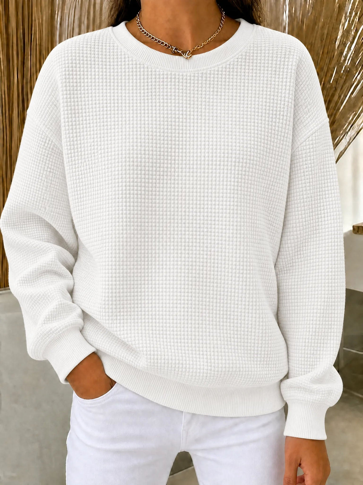 Damen Waffelstrick Rundhals Sweatshirt