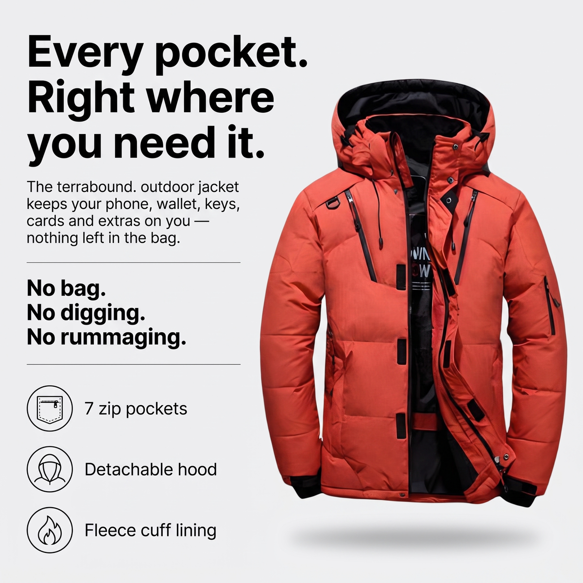 Herren-Pufferjacke - 7-Taschen-Daunenjacke mit Kapuze für den Winter