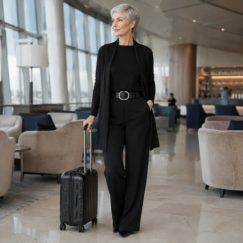 3-teiliges geripptes Strick-Reise- & Lounge-Set (Cardigan + Top + Hose mit weitem Bein)