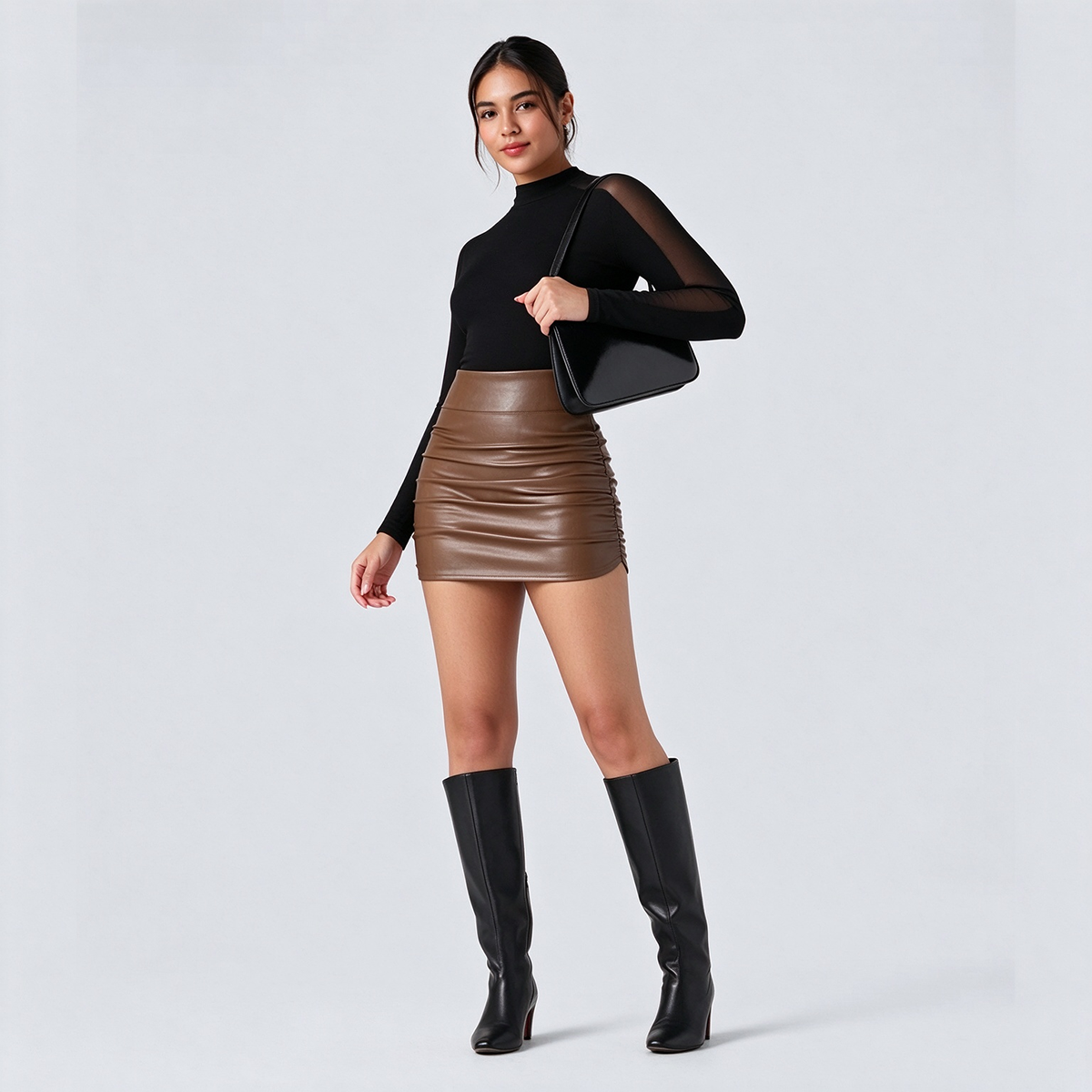Hochgeschnittener Bauchkontrolle Geraffter Gesäumter 2-in-1 Fleece PU Mini Bodycon Rock