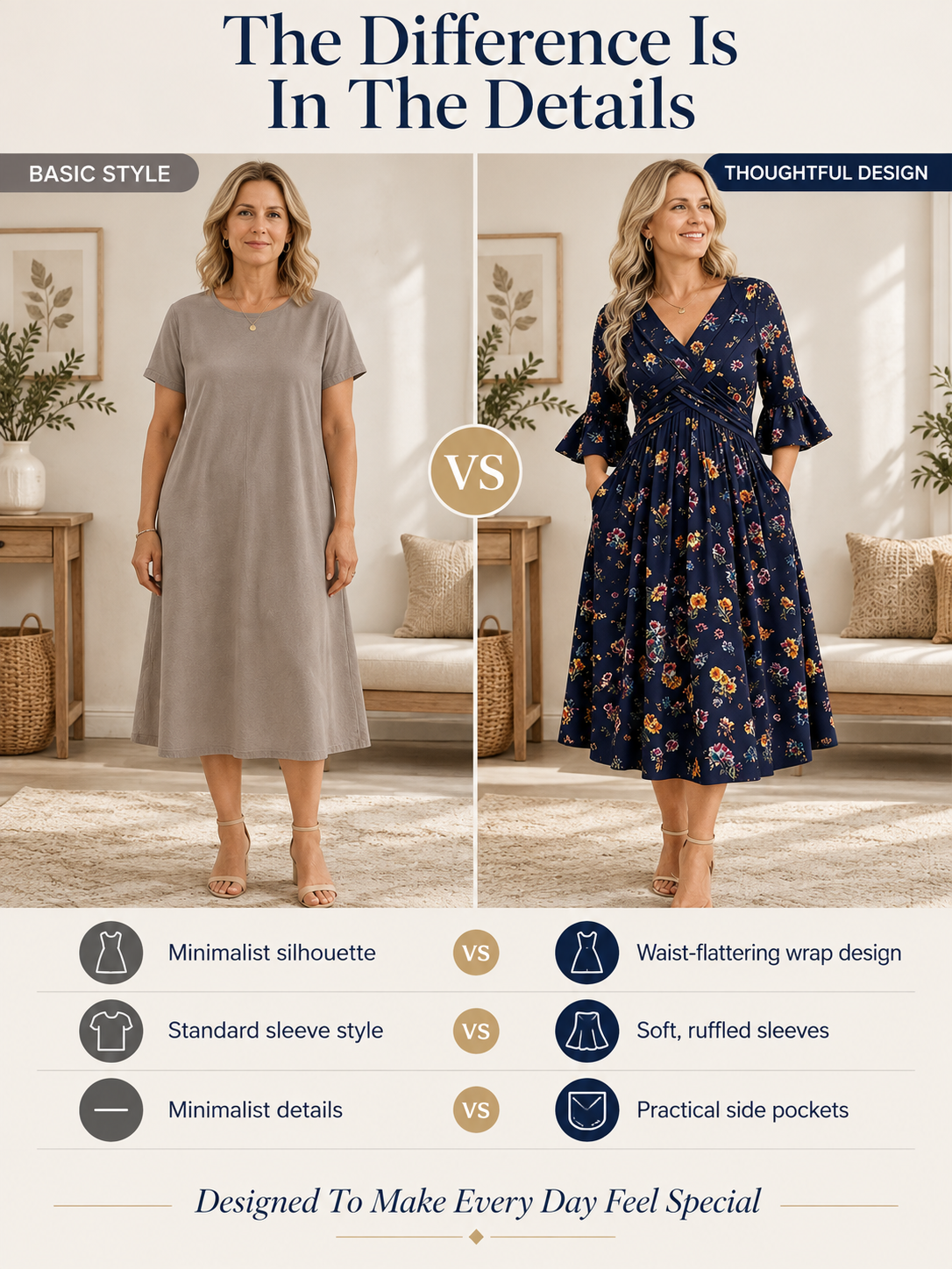 Wickelkleid mit Bindeband in der Taille und Taschen, Midi-Länge
