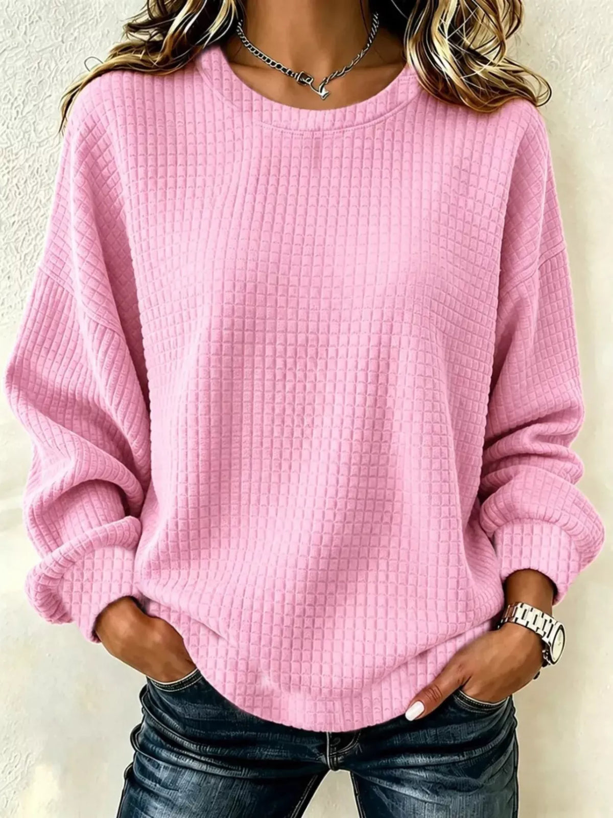 Waffelstrick Langarm Rundhals Sweatshirt in Übergrößen