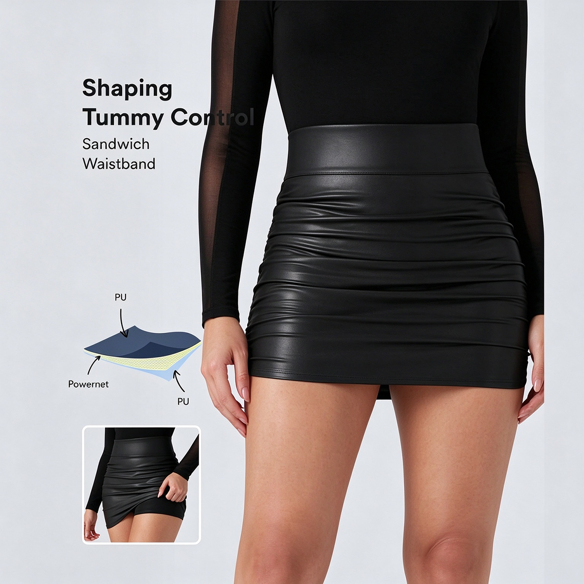 Hochgeschnittener Bauchkontrolle Geraffter Gesäumter 2-in-1 Fleece PU Mini Bodycon Rock