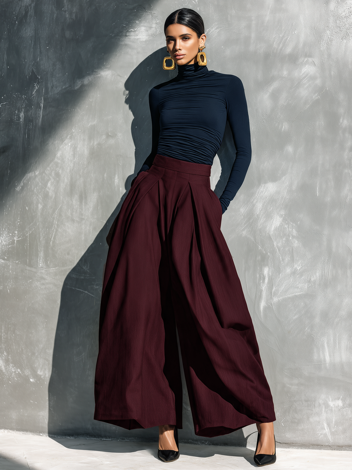 Lässiges 2-teiliges Damen-Set mit schwarzem Stretch-Strick-Langarmoberteil und dunkelgrauer gewebter Hose mit weitem Bein