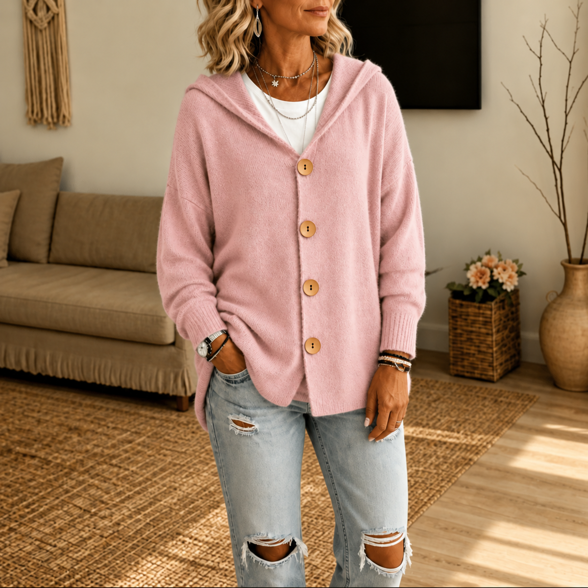 Kapuzen-Waffelstrick-Strickjacke mit Knopfleiste