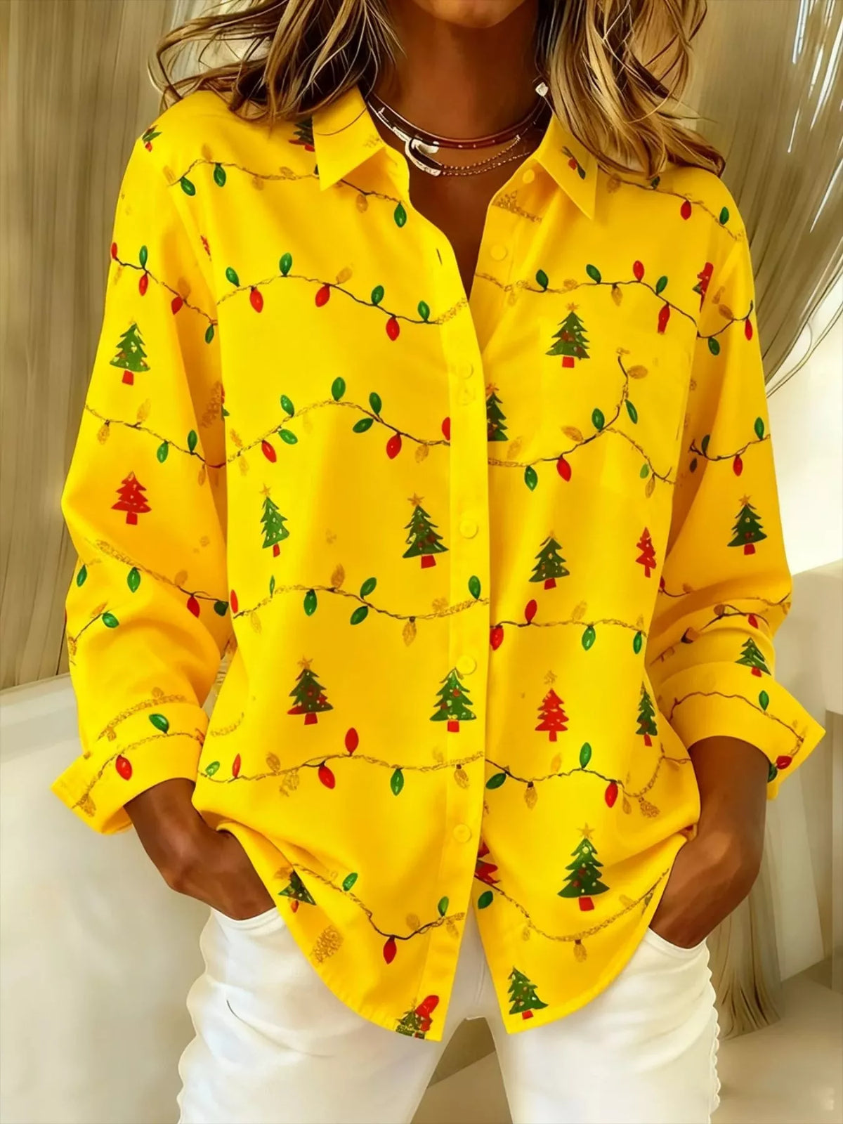 Hemd mit Weihnachtsbaum-Print und langen Ärmeln zum Knöpfen in großen Größen