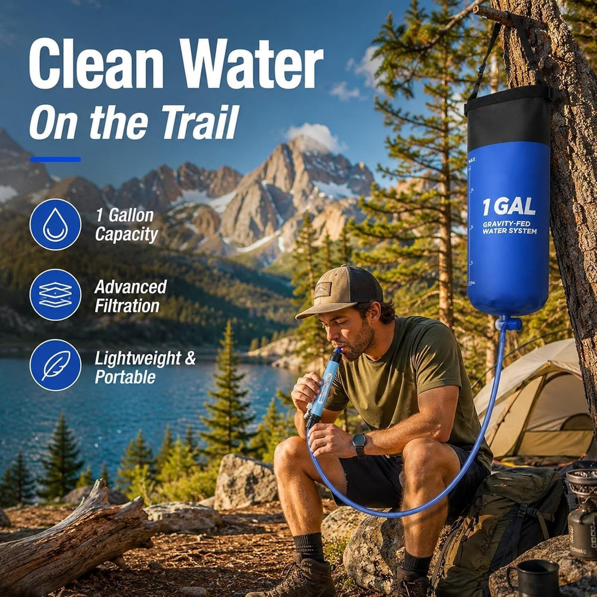 Schwerkraft-Wasserfilter mit 0,01 Mikron Membran, Arbeitsplatten-Filterung, für Camping & Notfälle zu Hause, 1,5L, tragbar