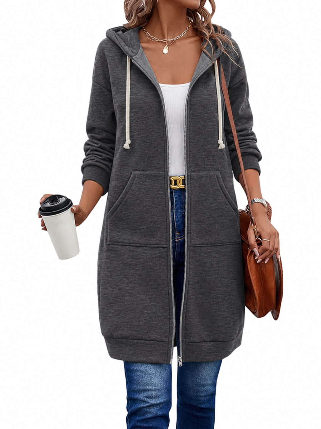 Langer Zip-Hoodie mit Kapuzenkordel