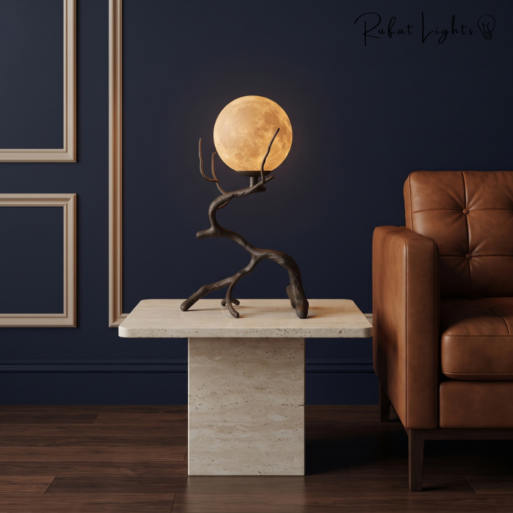 Rustikale Tischleuchte Mond mit Holzmaserung