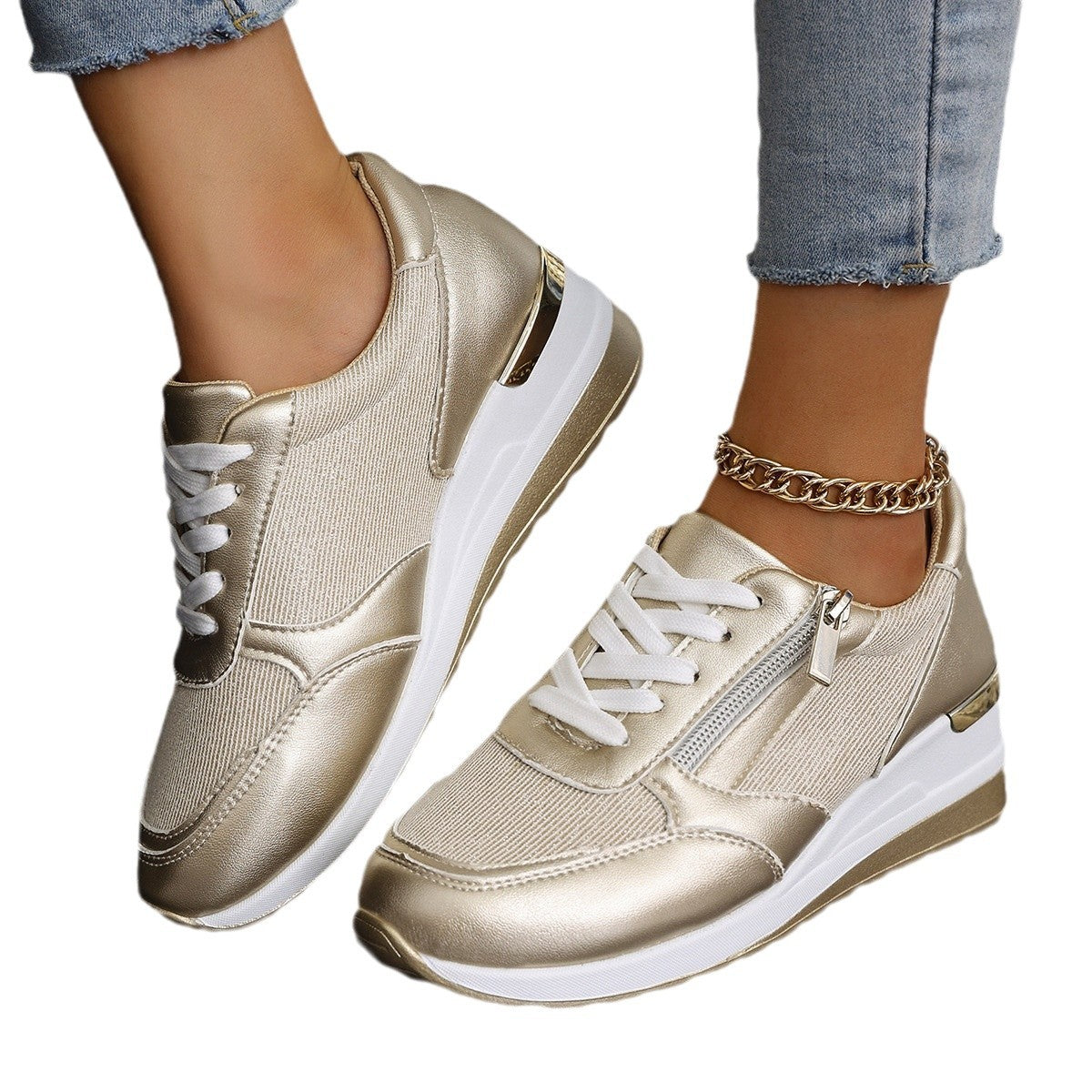 Damen-Sneaker mit Schnürung und seitlichem Reißverschluss – Dicke Sohle, Komfort und sportlicher Stil