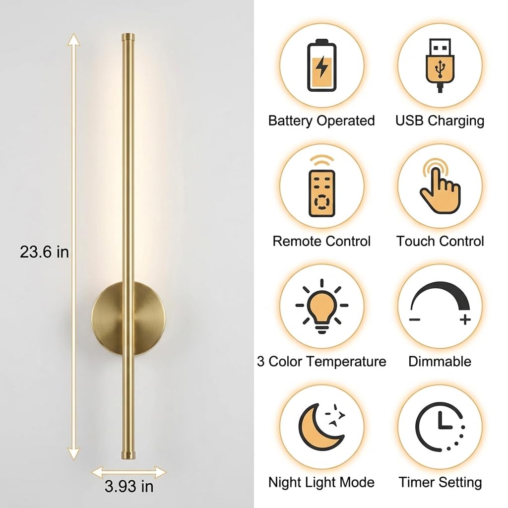 Wiederaufladbare Wandlampe Gold, 50 cm – Dimmbare LED-Wandleuchte
