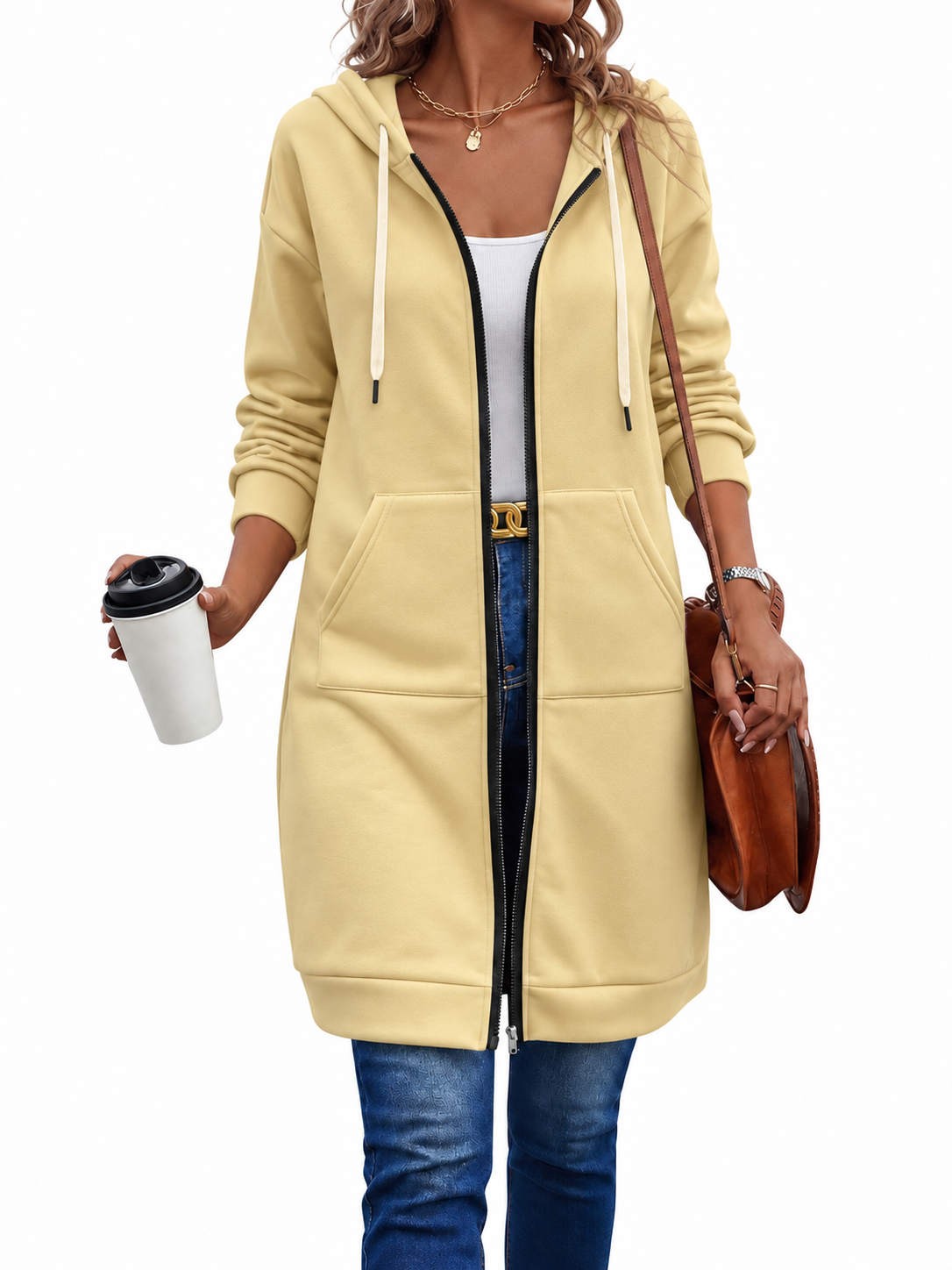 Langer Zip-Hoodie mit Kapuzenkordel