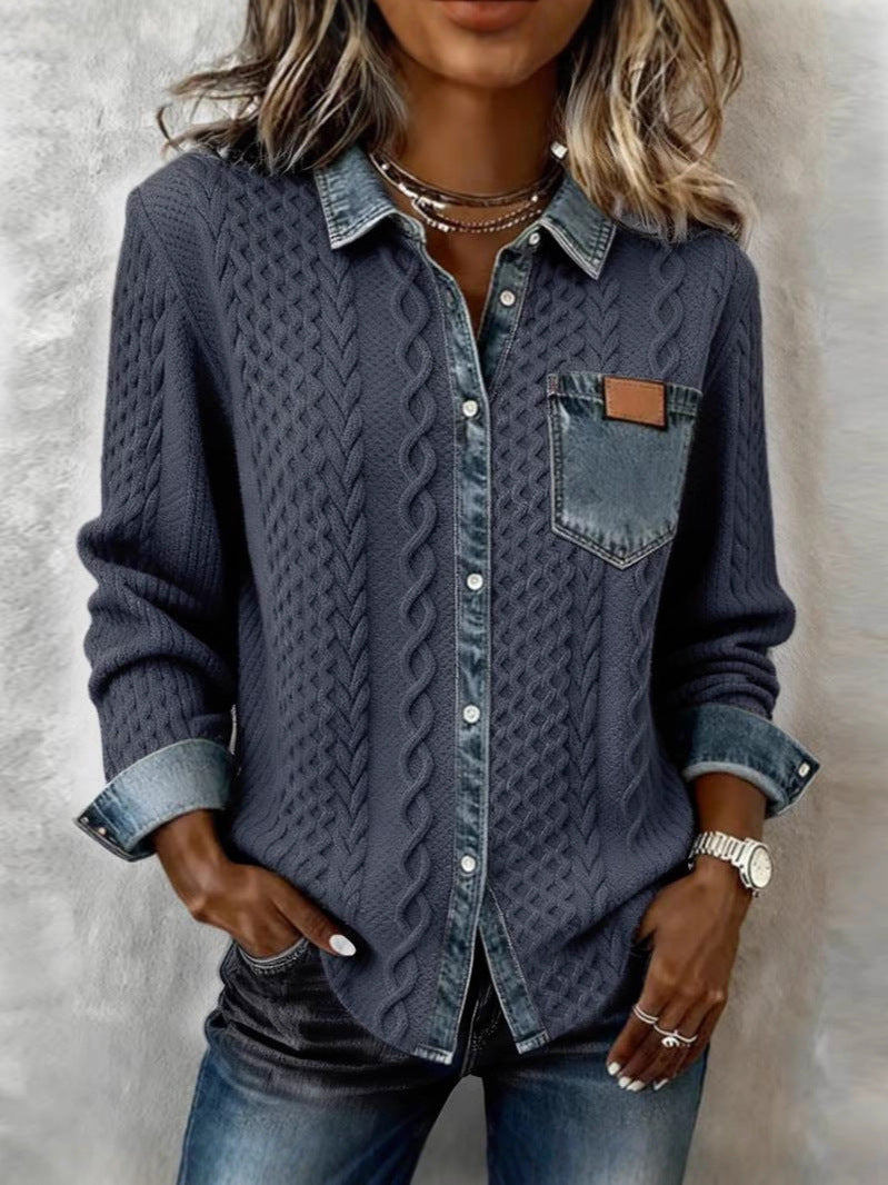 Damen-Cardigan aus Zopfstrick mit Denim-Details