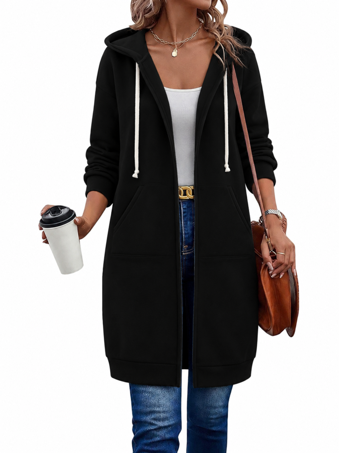 Langer Zip-Hoodie mit Kapuzenkordel