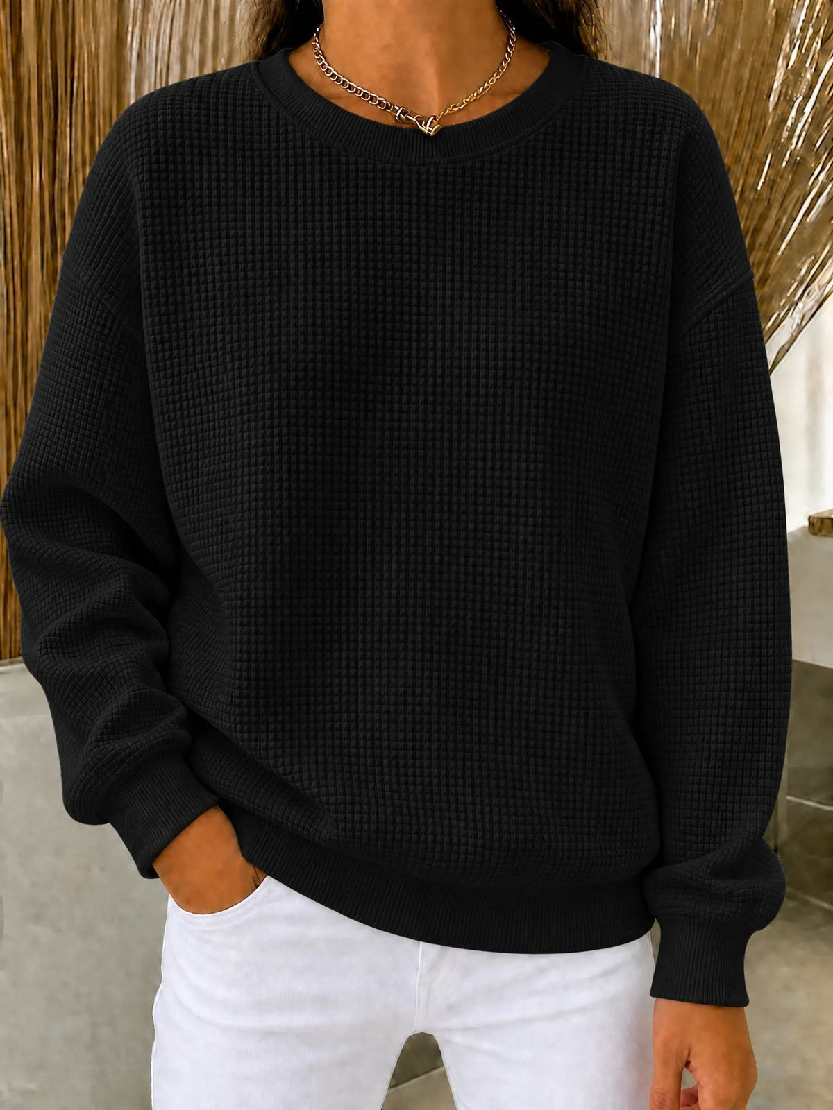 Damen Waffelstrick Rundhals Sweatshirt