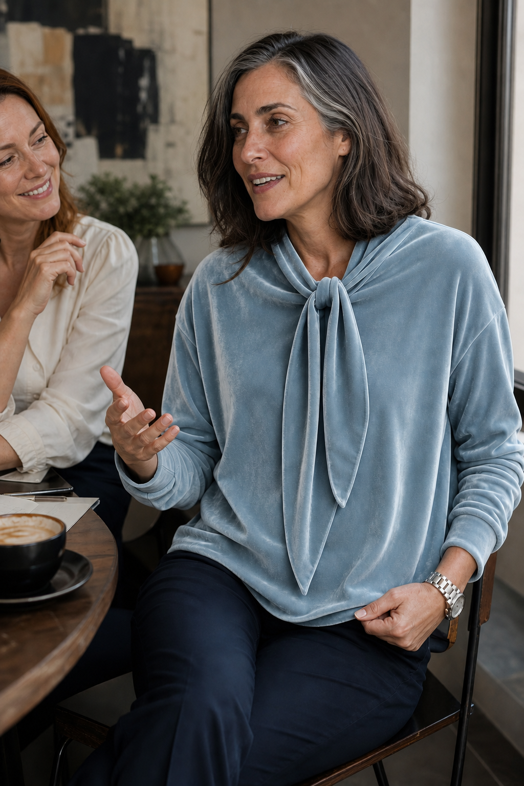 Samt-Bluse mit Schleifenkragen in entspannter Passform