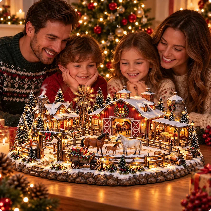 Weihnachtliches Pferdestall-Dorf – Beleuchtete Reitszene für die Feiertage