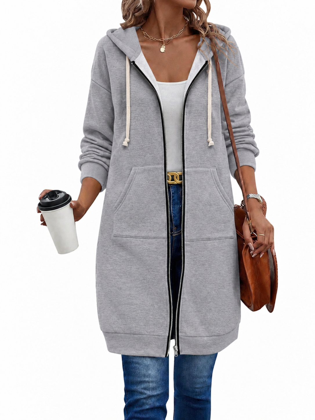 Langer Zip-Hoodie mit Kapuzenkordel