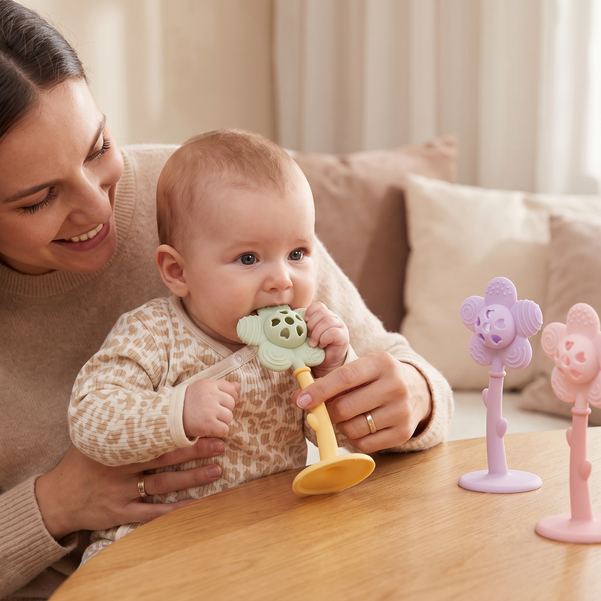 2-in-1 Sonnenblumen-Beißring & Rassel für Babys mit Saugnapfbasis