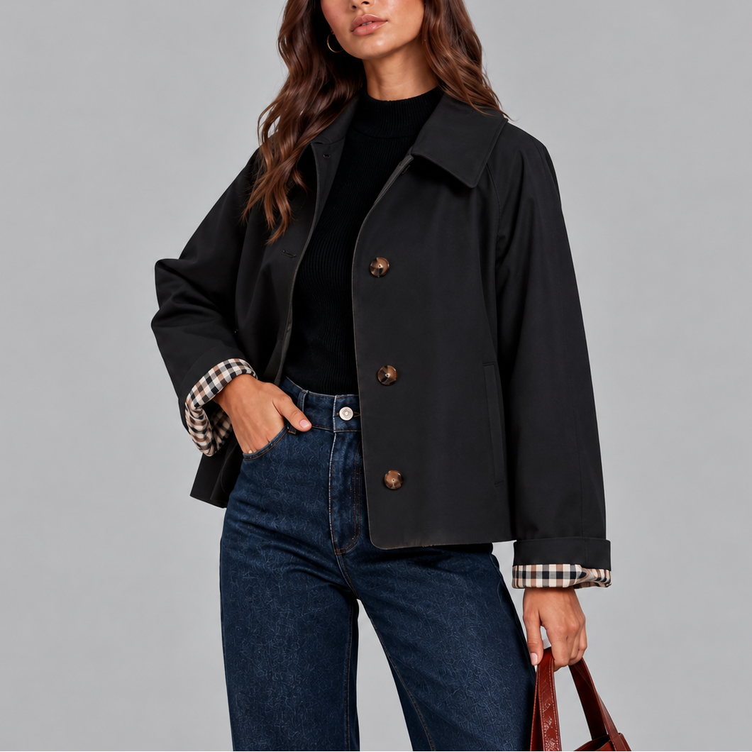 Verkürzte Trench-Jacke mit Karomuster-Futter