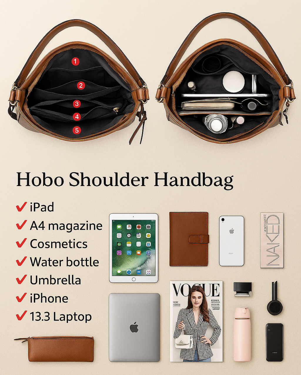 Luxuriöses Leder 3-teiliges Hobo-Taschen-Set
