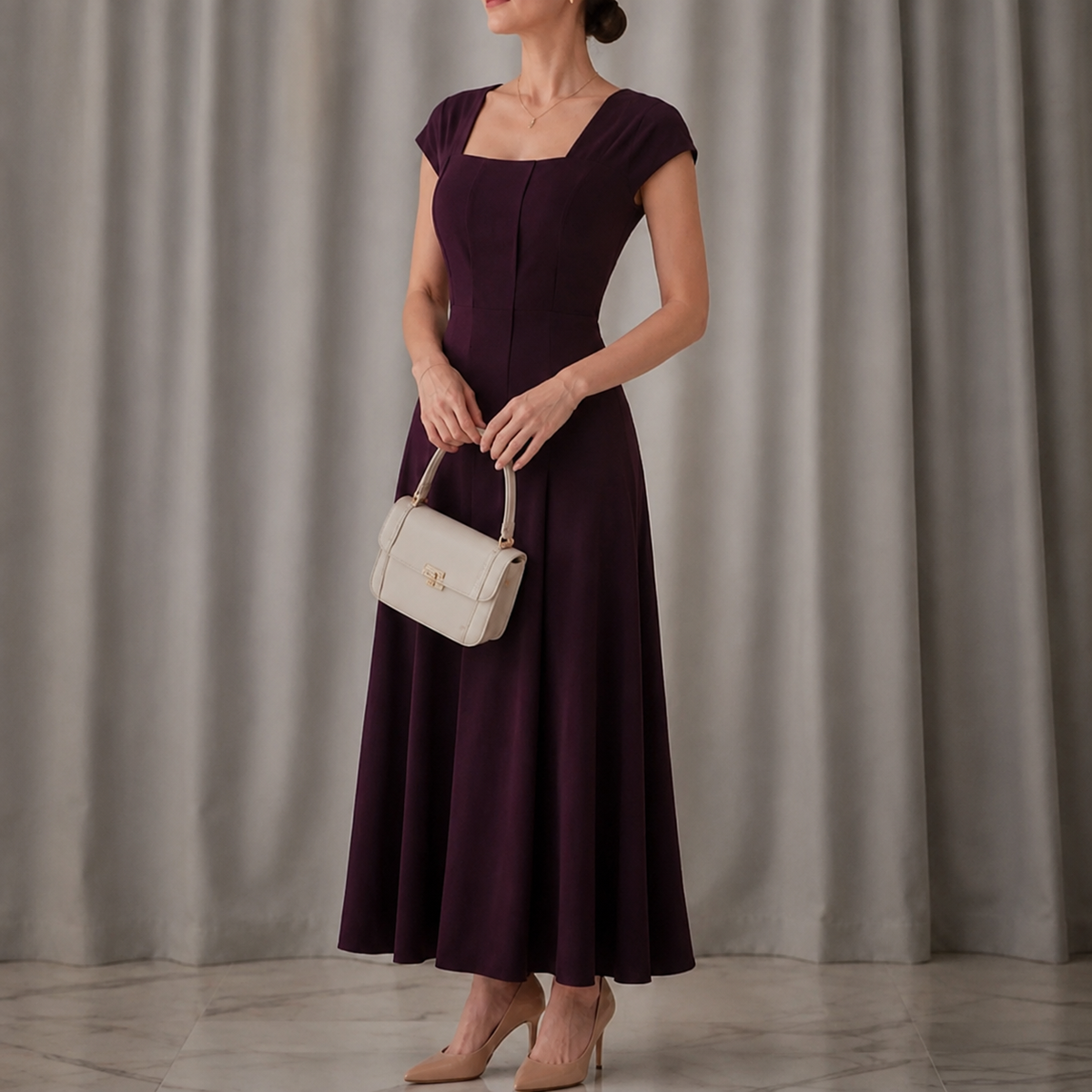 Quadratisches Ausschnitt A-Linien-Midikleid mit geformter Taille