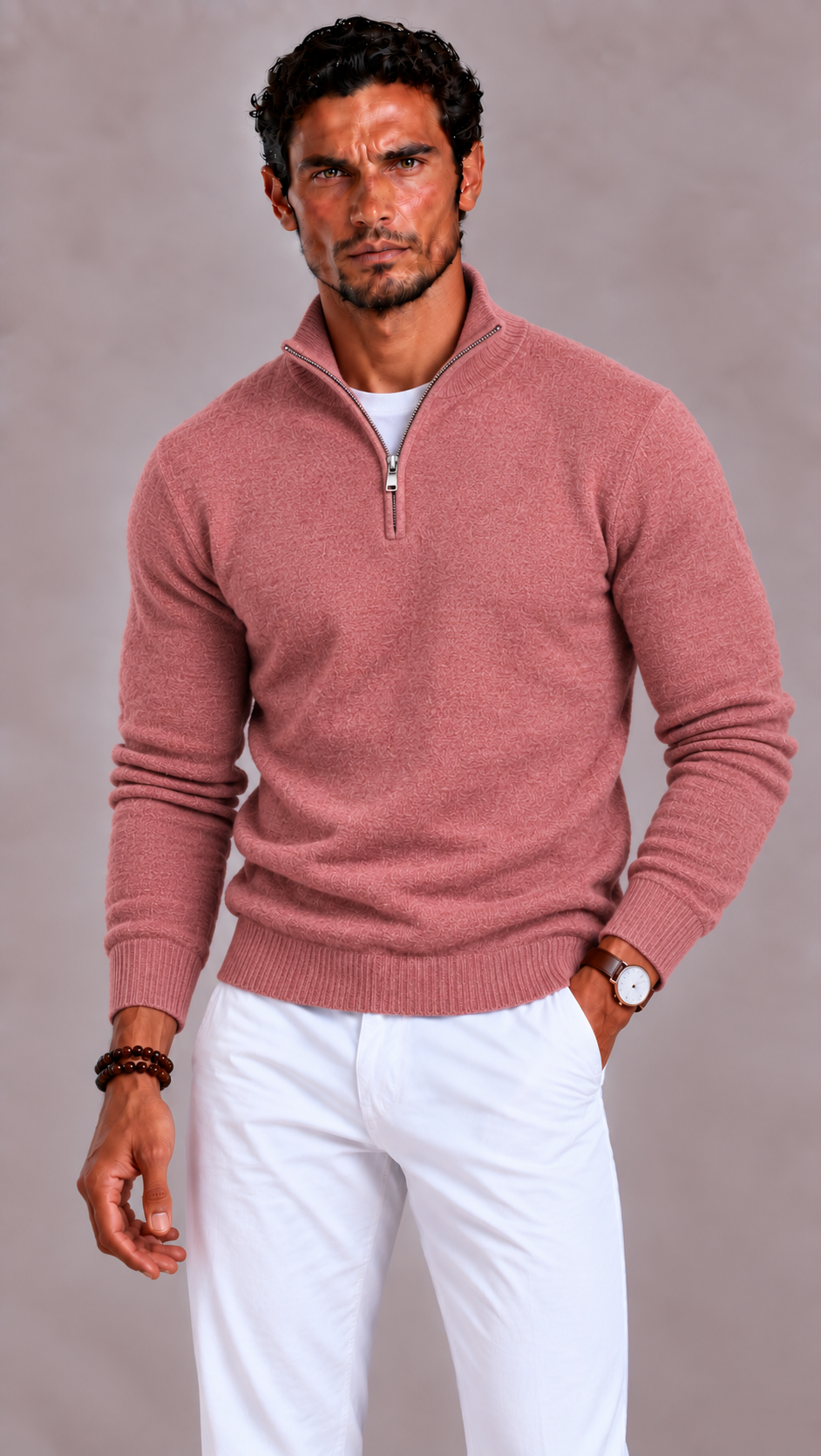 Herren Merino Wollpullover mit V-Ausschnitt und Reißverschluss