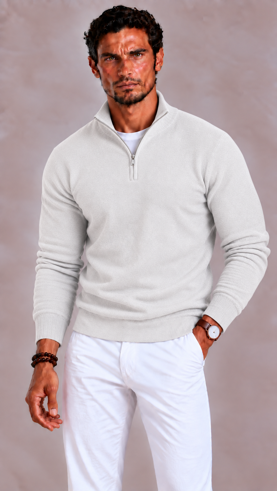 Herren Merino Wollpullover mit V-Ausschnitt und Reißverschluss