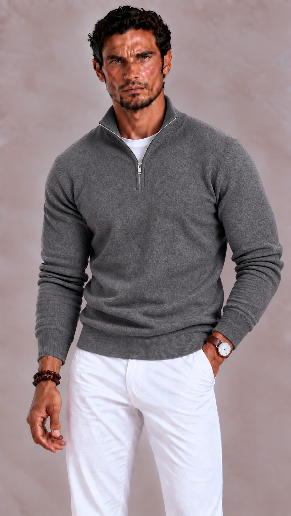 Herren Merino Wollpullover mit V-Ausschnitt und Reißverschluss