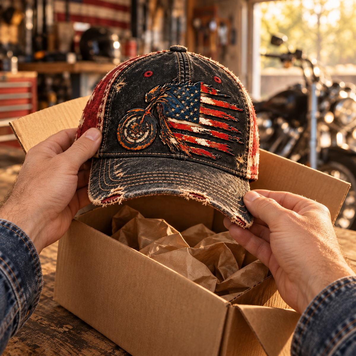 Vintage American Flag Motorrad Baseball Cap – Distressed Retro Biker Hut
