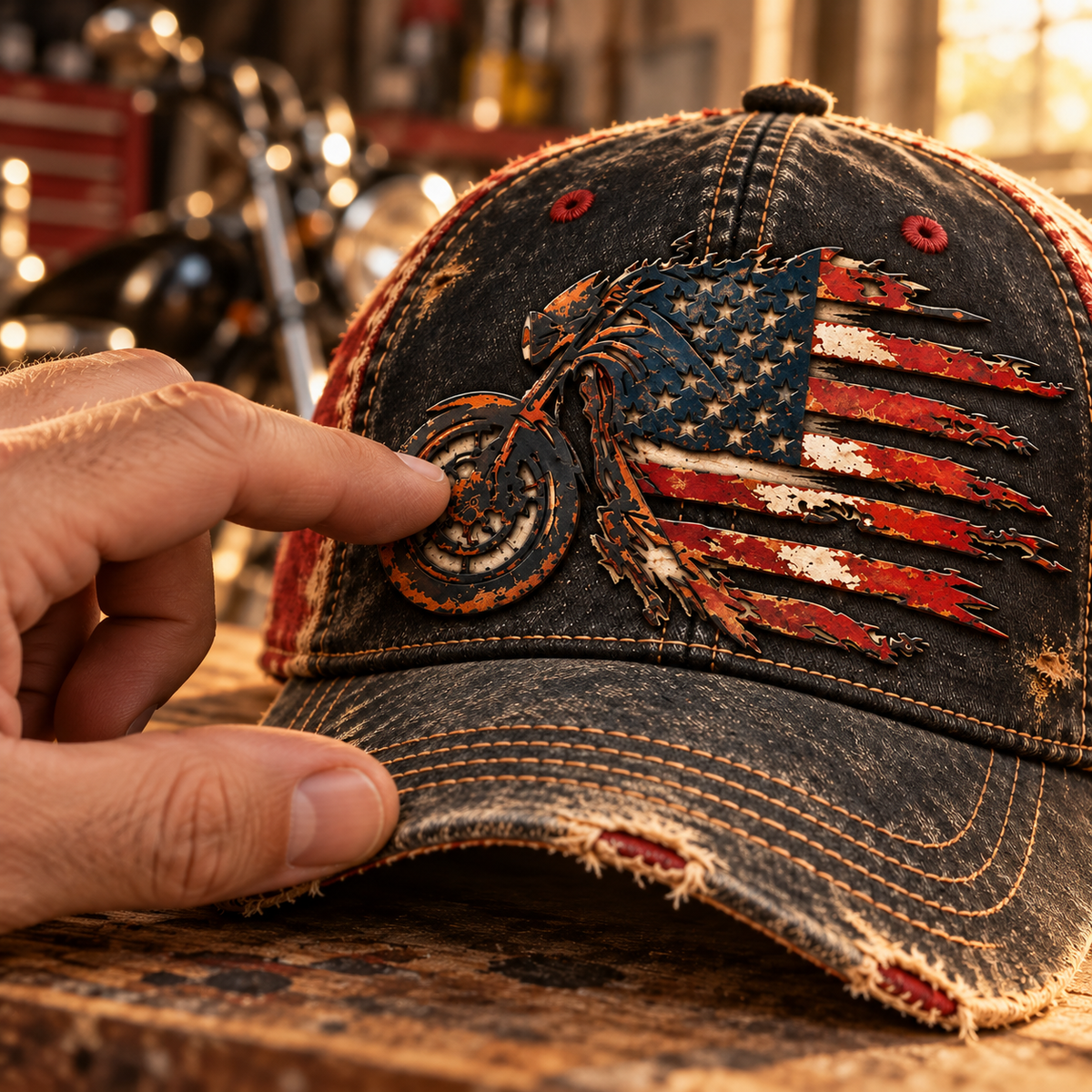 Vintage American Flag Motorrad Baseball Cap – Distressed Retro Biker Hut