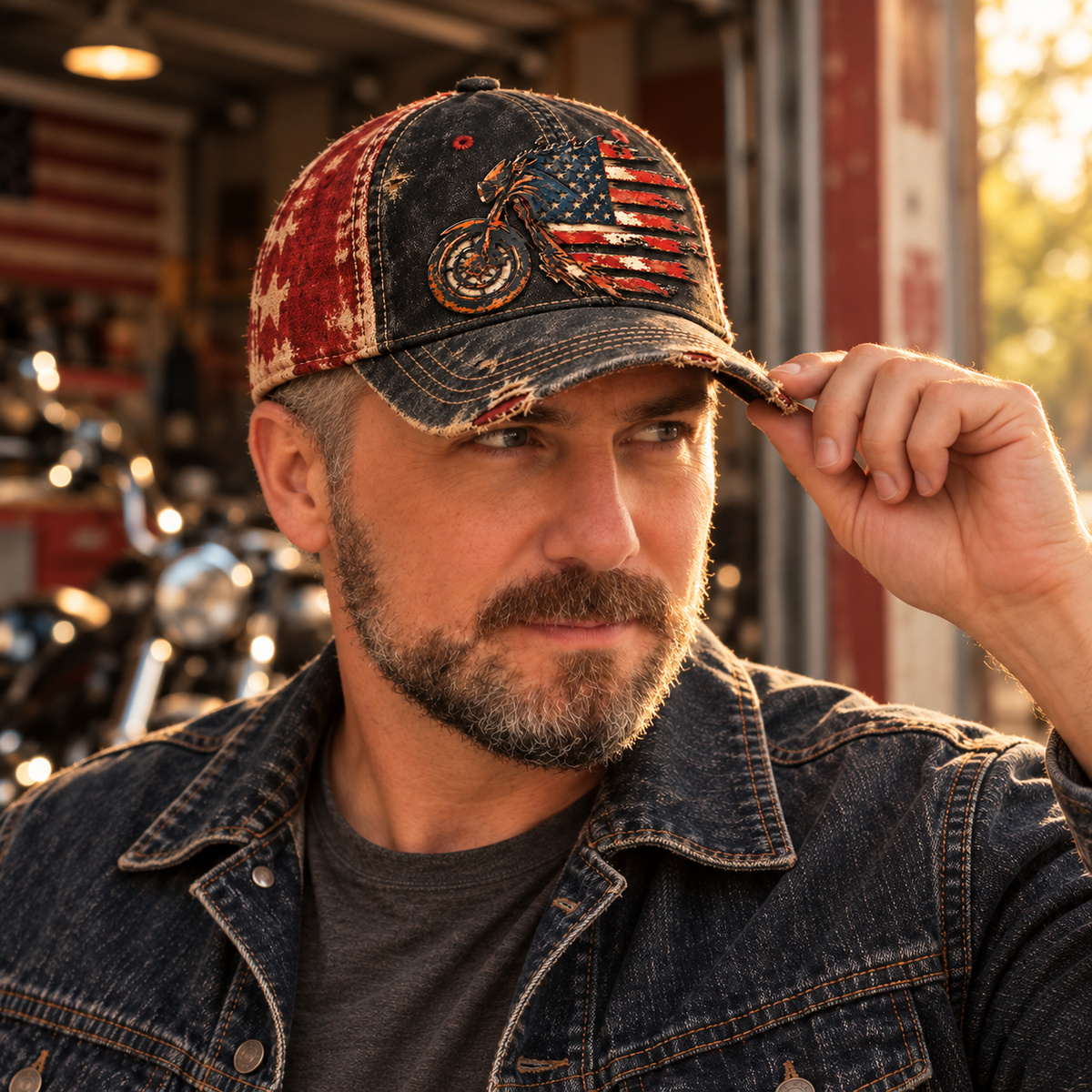 Vintage American Flag Motorrad Baseball Cap – Distressed Retro Biker Hut