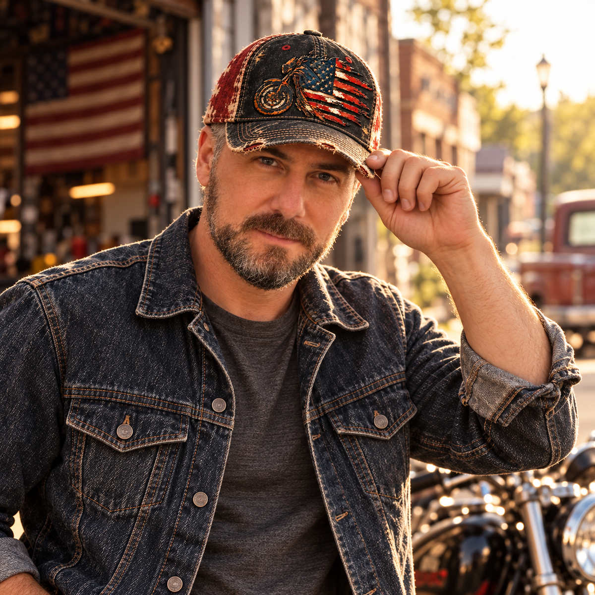 Vintage American Flag Motorrad Baseball Cap – Distressed Retro Biker Hut