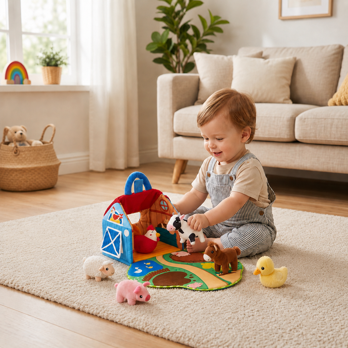 Bauernhof-Plüschtier-Spielset – Interaktives Lernspielzeug mit tragbarem Spielhaus