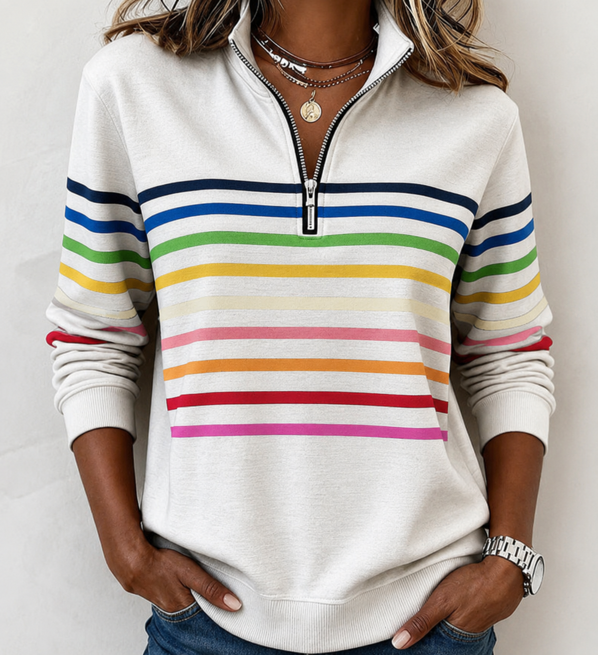 Maggie Gestreifter Pullover mit Halbreißverschluss