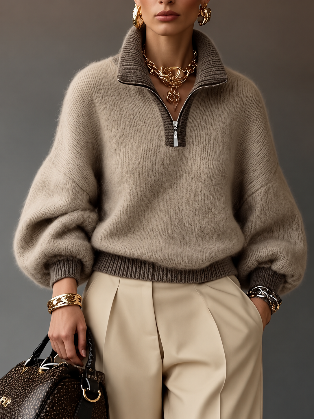 Pullover mit Kontrastdesign, Viertelreißverschluss und Stehkragen
