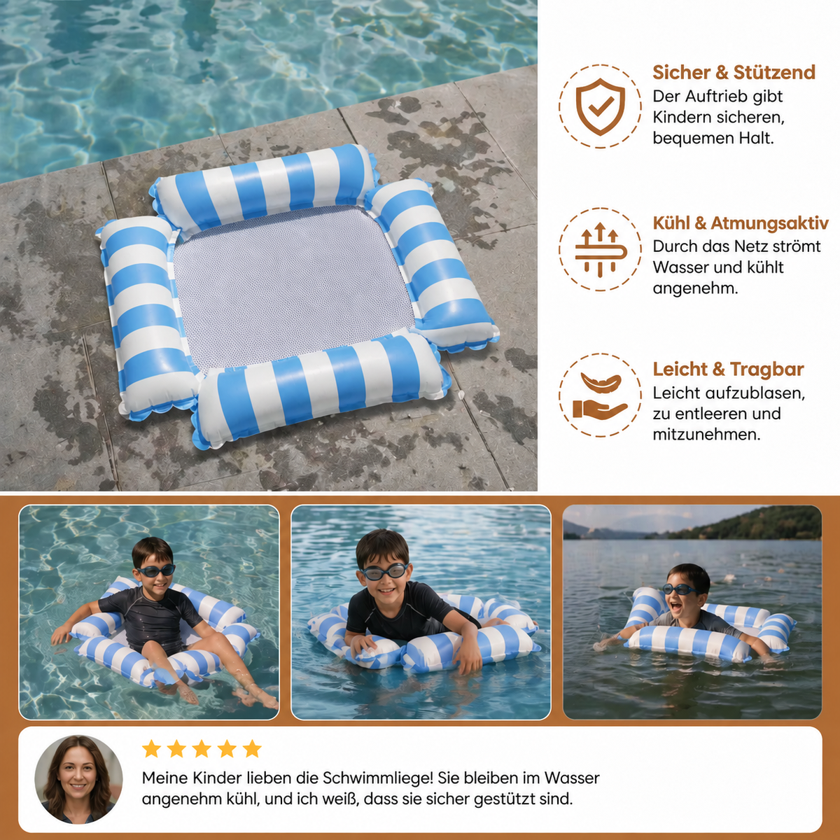 Camp Basel | Aufblasbarer Poolsitz für Kinder – Wasserhängematte mit Netzoberfläche