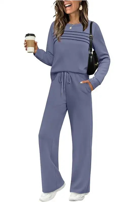 Damen Rundhals-Oberteil & Hose mit Kordelzug Set