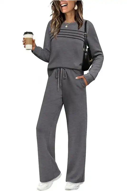 Damen Rundhals-Oberteil & Hose mit Kordelzug Set
