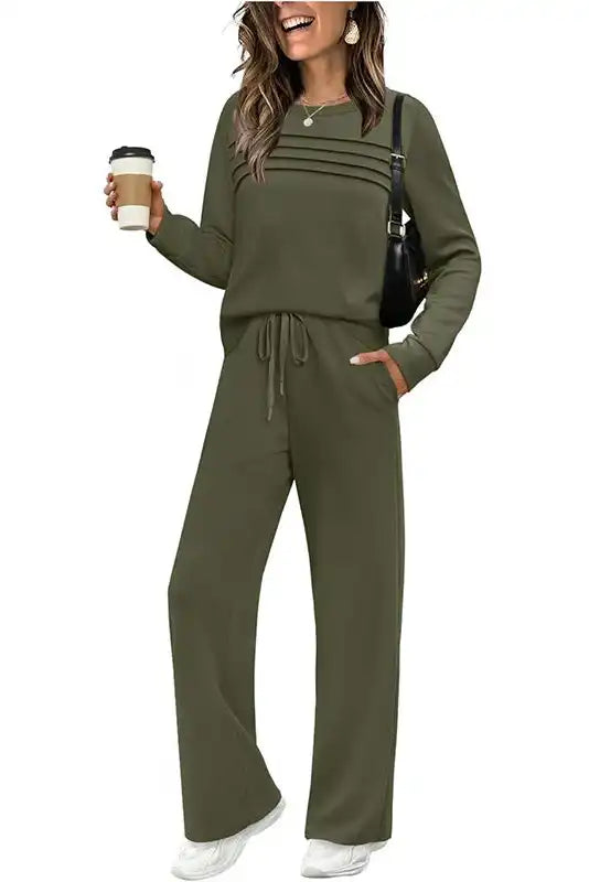 Damen Rundhals-Oberteil & Hose mit Kordelzug Set