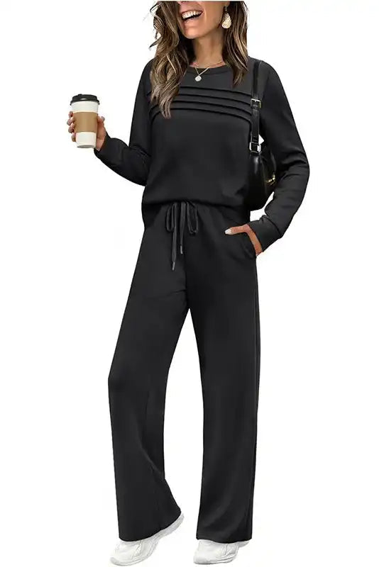 Damen Rundhals-Oberteil & Hose mit Kordelzug Set