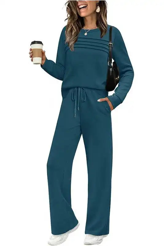 Damen Rundhals-Oberteil & Hose mit Kordelzug Set
