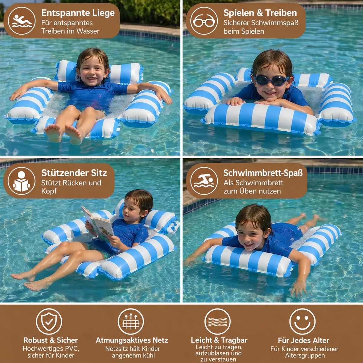 Camp Basel | Aufblasbarer Poolsitz für Kinder – Wasserhängematte mit Netzoberfläche