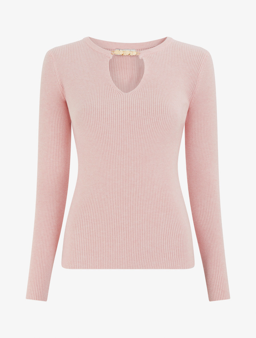 Gerippter Pullover mit V-Ausschnitt und Schmuckdetail - Rosa