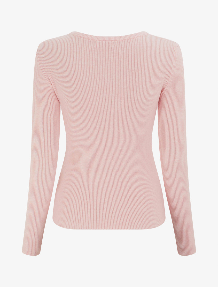 Gerippter Pullover mit V-Ausschnitt und Schmuckdetail - Rosa