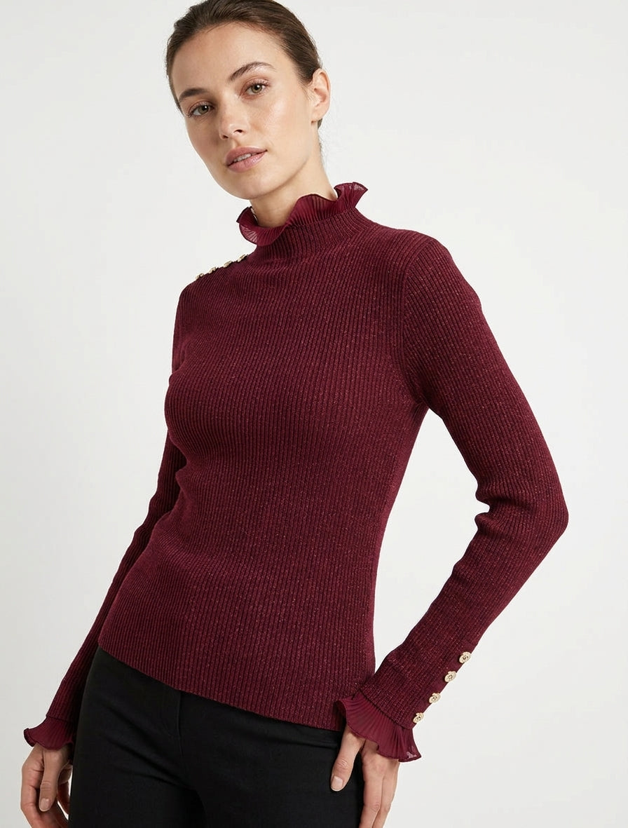 Glitzerpullover mit plissierten Rüschen - Bordeaux