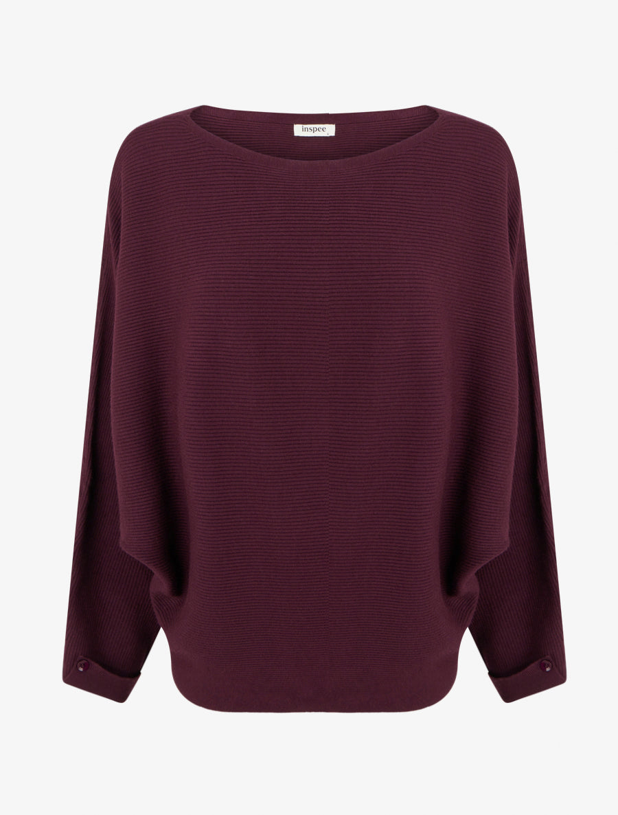 Gerippter Pullover mit U-Boot-Ausschnitt - Weinrot